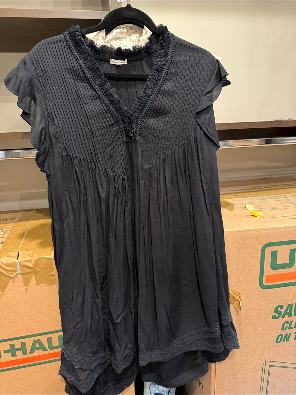 Poupette St. Barth Black V-Neck Pintuck Flutter Sleeve Tunic